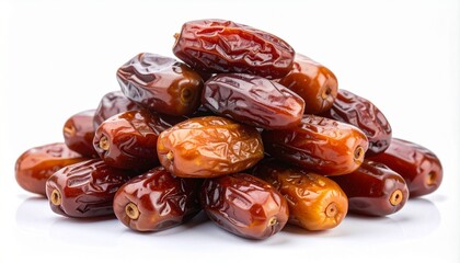 Obraz premium Pile of glossy brown dates on white background