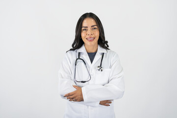 Portrait of a smiling mexican doctor posing with her arms crossed
