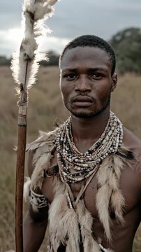 Proud Zulu warrior stands in full traditional attire, holding an ornate feathered spear, looking intensely with a dignified gaze across the golden African savannah.