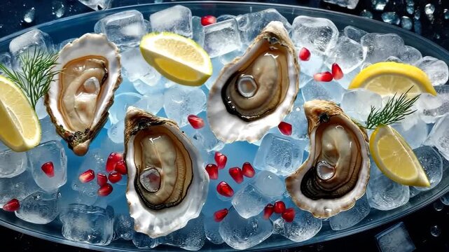 Fresh oysters on ice with lemon and pomegranate seeds served at a seafood restaurant in the city on a sunny afternoon