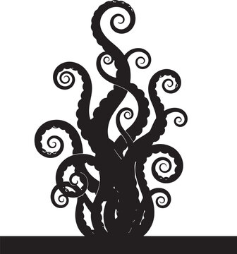 Silhouette of a cluster of swirling octopus tentacles reaching upwards, creating an abstract and mysterious, possibly kraken-like, aquatic or fantasy visual also transparent background