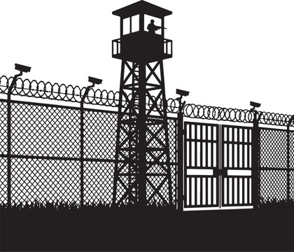 Black silhouette of prison watchtower with guard and fence cameras also transparent background security