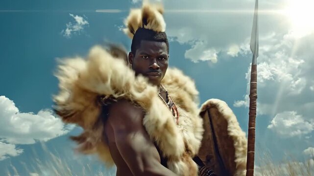 Proud African Zulu warrior stands tall, holding a ceremonial spear and protective shield under a vast blue sky with fluffy clouds, embodying ancient tradition and cultural heritage.