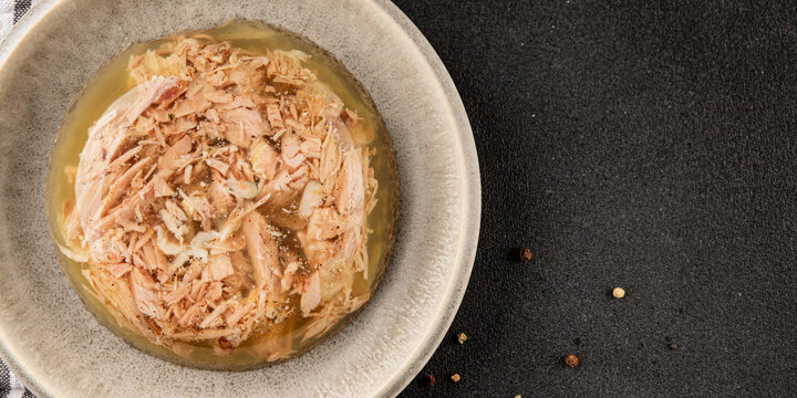 Meat jelly dish aspic meat brawn food S&uuml;lze pieces of meat in jelly pork, beef healthy food appetizer fresh delicious exquisite food background on the table rustic food top view copy space