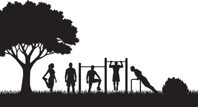 Black silhouettes of people exercising outdoors on bars and grass under a large tree also transparent background