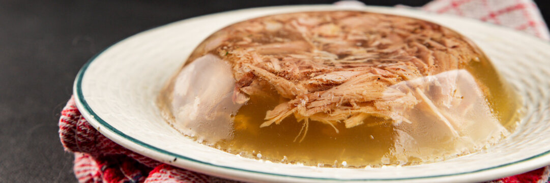 Meat jelly dish aspic meat brawn food S&uuml;lze pieces of meat in jelly pork, beef healthy food appetizer fresh delicious exquisite food background on the table rustic food top view copy space