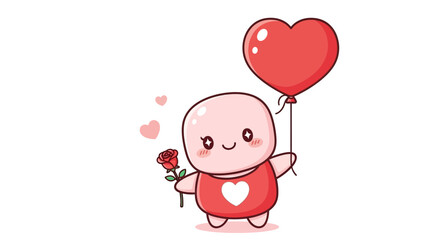 Cartoon Character Holding Rose and Heart Balloon.