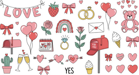 Set of cute hand drawn Valentine's Day doodles, romantic love icons with hearts, roses, and rings
