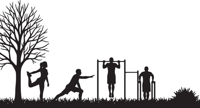 Silhouettes of people exercising outdoors with a tree and grass in a park setting fitness exercise also transparent background
