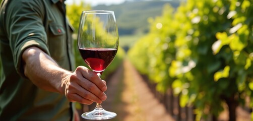 Obraz premium Man holds wine glass in sunlit vineyard, examining red liquid. Organic winemaking concept, quality beverage, fresh grapes. Taste tradition, nature, viticulture, winery.