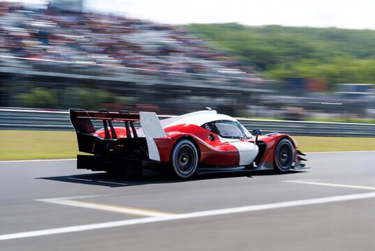High-speed red and white prototype race car accelerating on a sunny day at the circuit