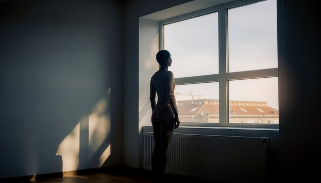 Future anxiety and existential loneliness, woman in empty room facing mental health challenges and uncertain