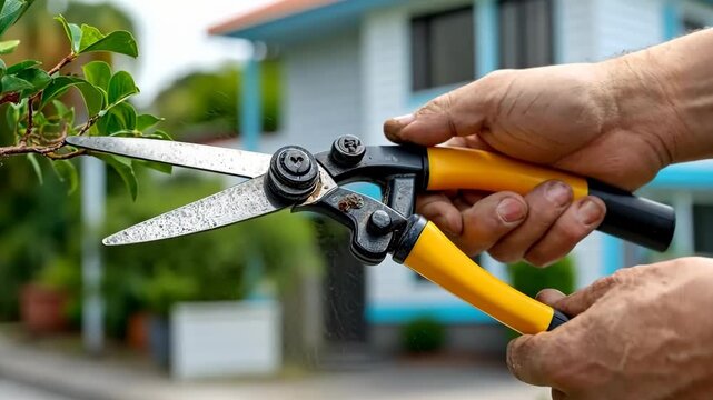 Pruning plants in a garden using shears on a sunny day during the afternoon in a residential area