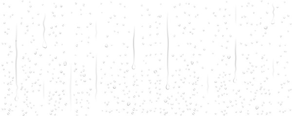 Realistic transparent scattered dew, rain water droplets, drops, water-drop, dripping on wet clear window glass surface with crystal clarity, fresh liquid texture reflection for design background