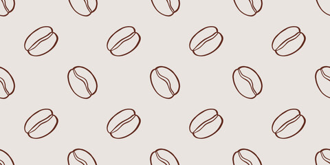 Obraz premium Vector seamless pattern with hand drawn coffee bean outline on light background. Brown line texture for cafe branding, packaging, wrapping paper, textile, kitchen decor, modern coffee shop design.