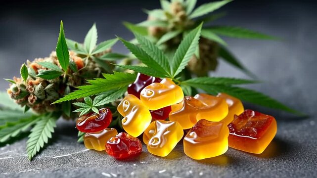 Cannabis gummies and cannabis plant close up on a table with green leaves showing details of the product and natural elements