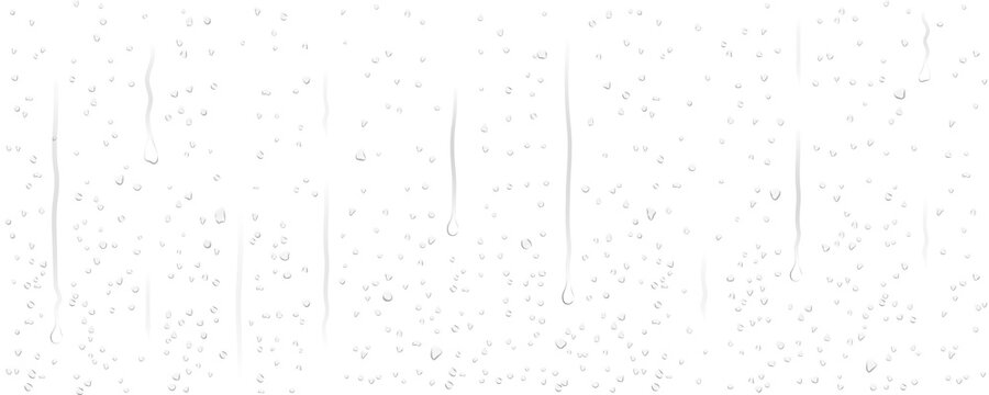 Realistic transparent scattered dew, rain water droplets, drops, water-drop, dripping on wet clear window glass surface with crystal clarity, fresh liquid texture reflection for design background