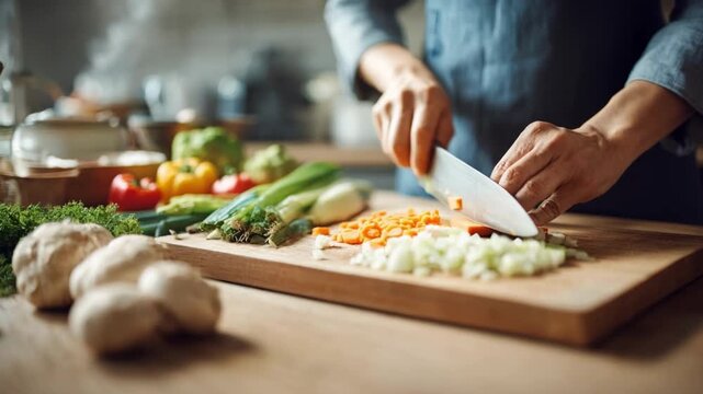 Closeup of a home cooks hands expertly slicing vegetables with a sharp knife on a clean board focusing on precision and safe cutting techniques with blurred kitchen background.