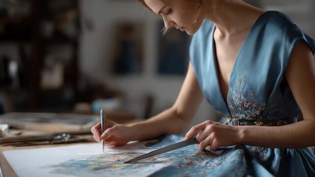 Dressmaker focuses on cutting dress fabric while surrounded by sketches in a stylish workshop during daylight hours Dressmaker focuses on cutting dress fabric while surrounded by sketches in a stylish workshop during daylight hours
