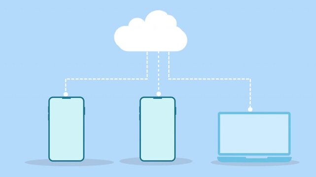 Flat vector illustration of a cloud connected to two smartphones and a laptop, representing multi device cloud data synchronization and wireless file sharing on a light blue background.

