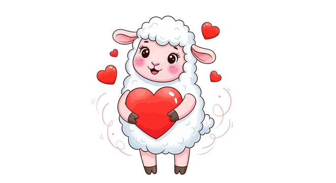 Cartoon Sheep Holding Red Heart Illustration.