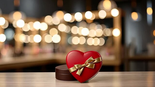 Heart-shaped box with a bow sits on a table in a warm lit room decorated for an event in the evening