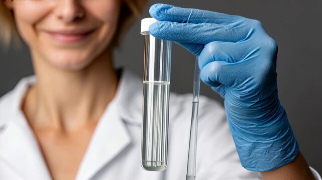 Scientist shows test tube with liquid in laboratory setting during experiment on a weekday afternoon