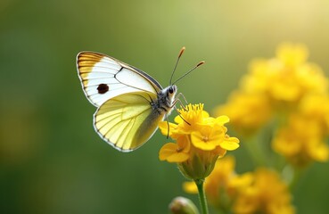 White yellow butterfly sits on bright yellow flower collecting nectar. Insect on blossom with green blurred background. Closeup macro view of small invertebrate on flora.