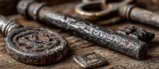 Close-up of antique keys resting on weathered wooden planks