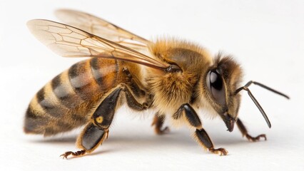 Intricate Detail: A close-up view of a bee, showcasing the intricate structure of its wings, the detail in its eyes, and the golden hues of its body.