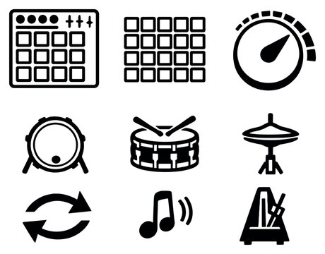 Beat making essentials in outline style: drum machine pads, step sequencer grid, tempo BPM dial, kick snare hi-hat icons, pattern loop arrows, metronome click. Vector icons