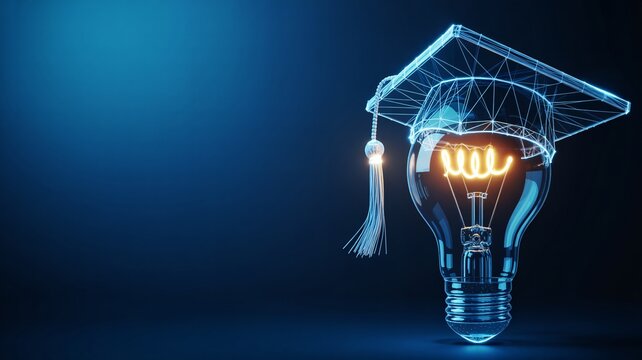 Glowing light bulb with graduation cap symbolizing education and innovation concept