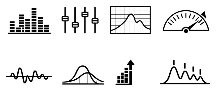 Sound Analysis Tools in outline style: spectrum analyzer bars, equalizer sliders, frequency graph grid, decibel meter, waveform display, filter curve, peak. Vector icons