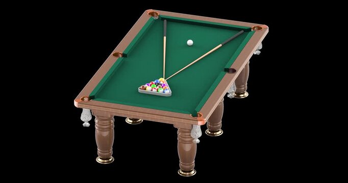 Billiard table rotation animation seamlessly loopable. 3D rendering isolated on transparent background
