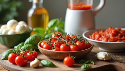 Fresh ingredients like tomatoes, basil, garlic, and olive oil sit on a wooden board. A bowl of ready tomato sauce and mozzarella balls are nearby.