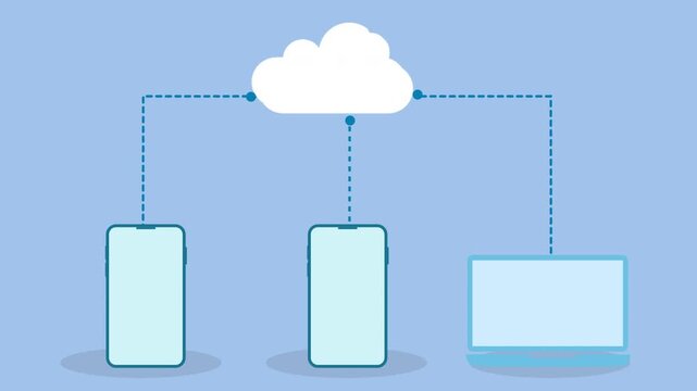 Flat vector illustration of a cloud connected to two smartphones and a laptop, representing cloud data synchronization and wireless device connectivity on a light blue background.
