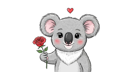 Cute Cartoon Koala Holding Red Rose. © sakura