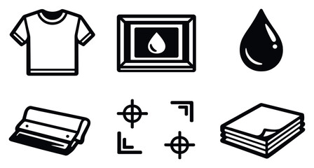 Screen Printing in outline style: T-shirt, Screen, Ink Drop, Roller, Alignment Marks, Paper Stack. Vector icons