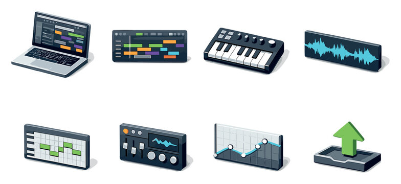Digital Music Production set of icons in flat isometric style: laptop workstation, digital audio timeline, virtual instrument keyboard, waveform track, MIDI. Vector icons