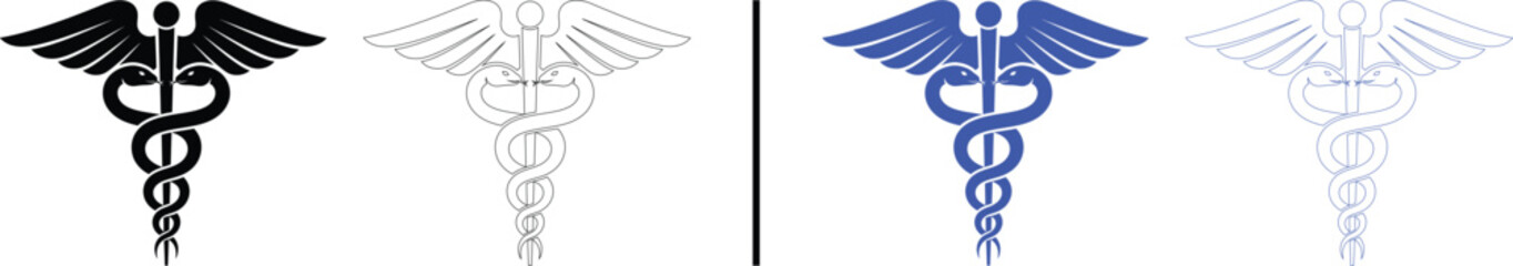 Caduceus medical symbol icon isolated on white background, black and blue vector illustration of staff with wings and two snakes for healthcare, medicine, and pharmacy concepts.