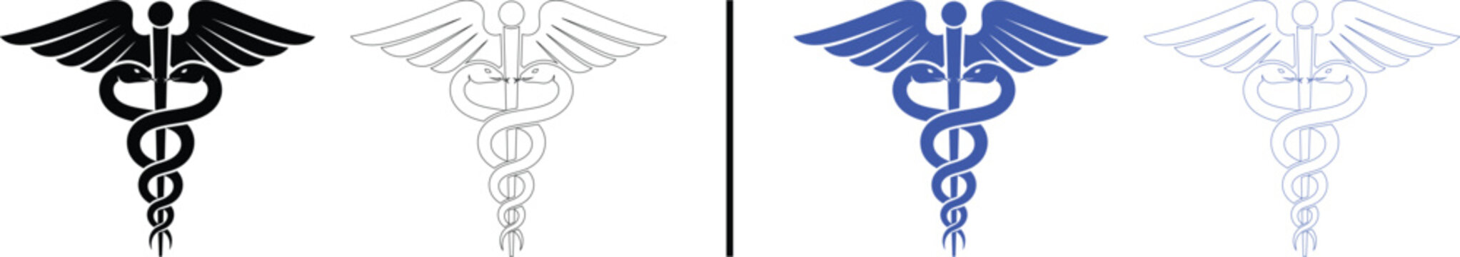 Caduceus medical symbol icon isolated on white background, black and blue vector illustration of staff with wings and two snakes for healthcare, medicine, and pharmacy concepts.