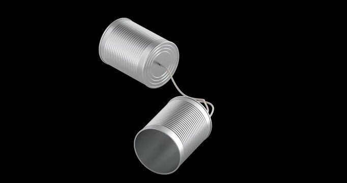 Tin can telephone rotation animation seamlessly loopable. 3D rendering isolated on transparent background