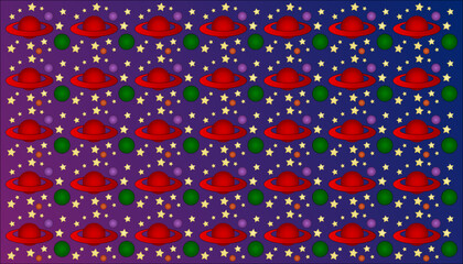 Fondo con planetas y estrellas. Ilustraci&oacute;n con estilo minimalista para dise&ntilde;o grafico. Vector para decorado.  Textura a color infantil para papel de embalaje de regalos.