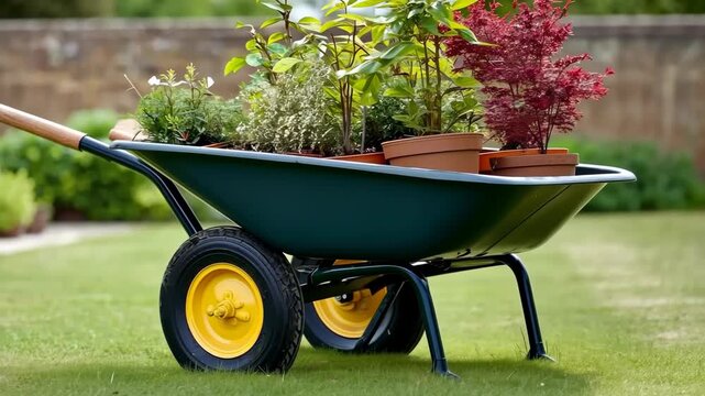 Gardening tips for planting flowers and plants in a wheelbarrow in a sunny backyard in the afternoon
