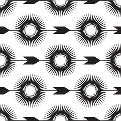 Seamless pattern of black arrows piercing through circular sunburst shapes on a white background