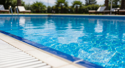 Obraz premium Swimming pool with clear blue water and sun loungers in background 