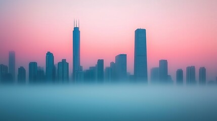 Fototapeta premium A serene city skyline at dawn, partially shrouded in fog, featuring tall buildings against a gradient of soft pastel colors.