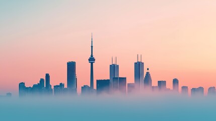 Obraz premium A serene skyline at dawn, featuring modern skyscrapers partially shrouded in fog, with a colorful pastel sky creating a tranquil atmosphere.