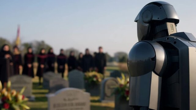 Humanoid robot observing funeral ceremony among gravestones