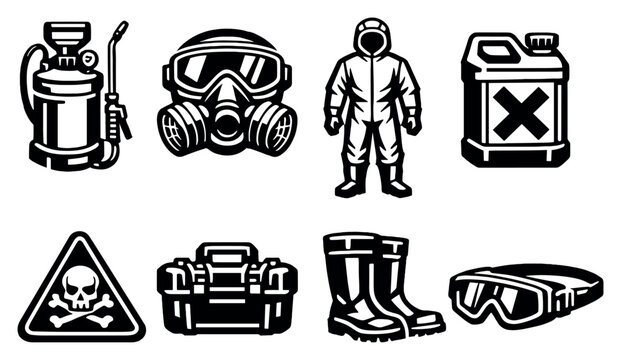 Professional exterminator equipment in bold style: pesticide sprayer, respirator mask, coverall suit, chemical canister, warning sign, tool case, rubber boots. Vector icons